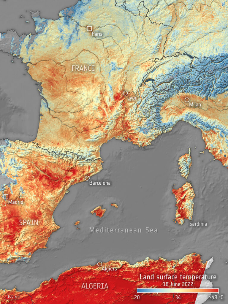 Mapa térmico de satélite de la ola de calor en Europa occidental, incluida España, captado por el instrumento SLSTR del satélite Sentinel-3